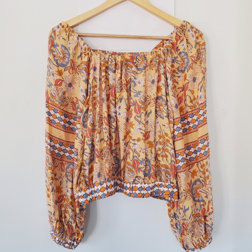 RACHEL ZOE S Boho Floral Balloon LS Top Peach Blue Cream Flowy Peasant Boho Fall